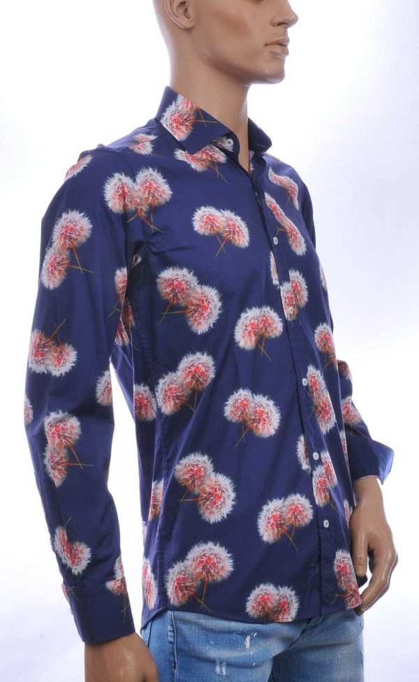 CORRINO Italiaans Slim Fit Heren Overhemd met Allover Paardenbloem Print – Navy Blauw