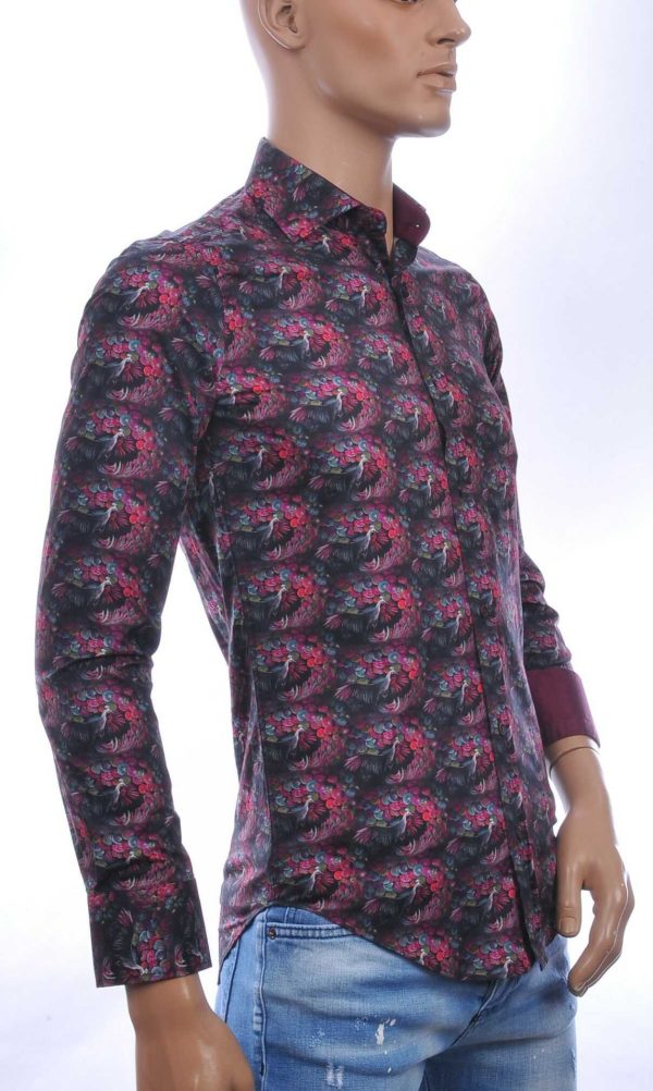 CORRINO Italiaans Slim Fit Heren Overhemd met Allover Pauwen Print – Bordeaux