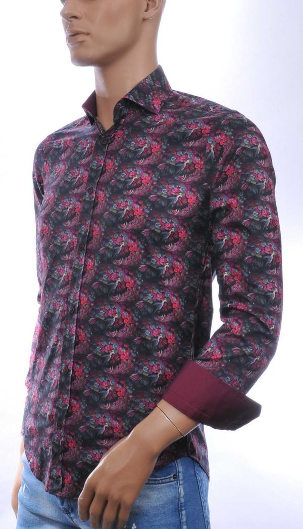 CORRINO Italiaans Slim Fit Heren Overhemd met Allover Pauwen Print – Bordeaux
