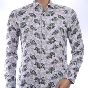 FORTUNATO Italiaans Slim Fit Heren Overhemd met Allover Bladeren Print – Wit