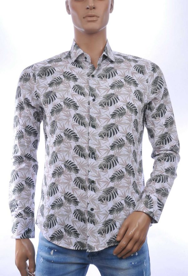 FORTUNATO Italiaans Slim Fit Heren Overhemd met Allover Bladeren Print – Wit