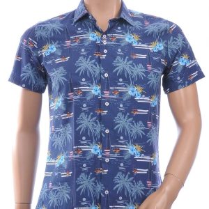 Ferlucci Slim Fit Hawaii Heren Overhemd met Korte Mouwen - Navy