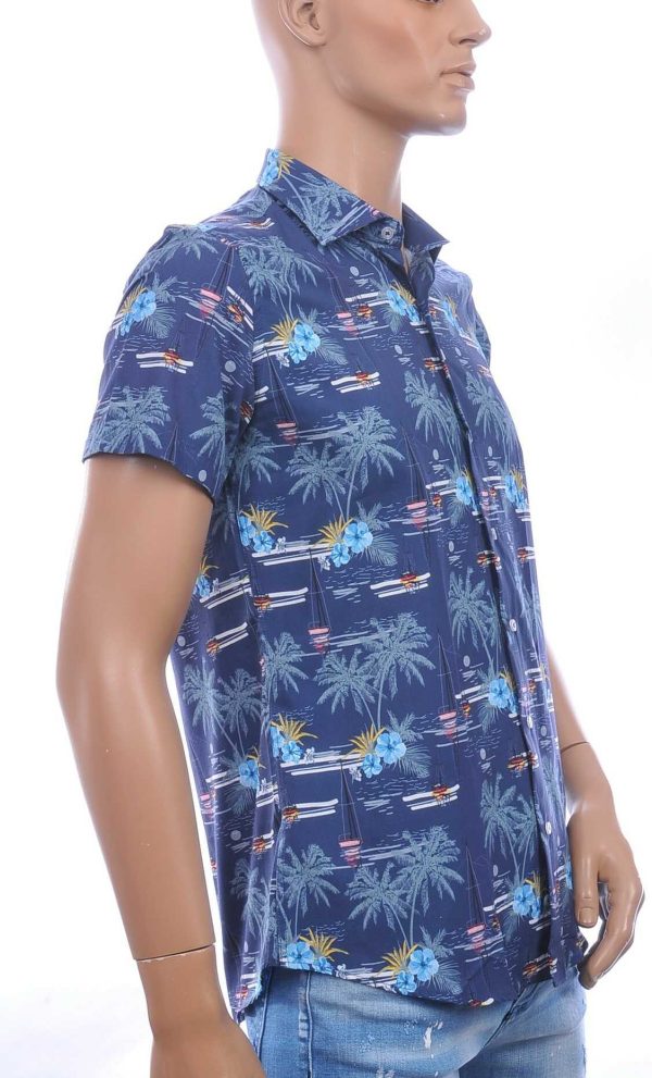 Ferlucci Slim Fit Hawaii Heren Overhemd met Korte Mouwen - Navy