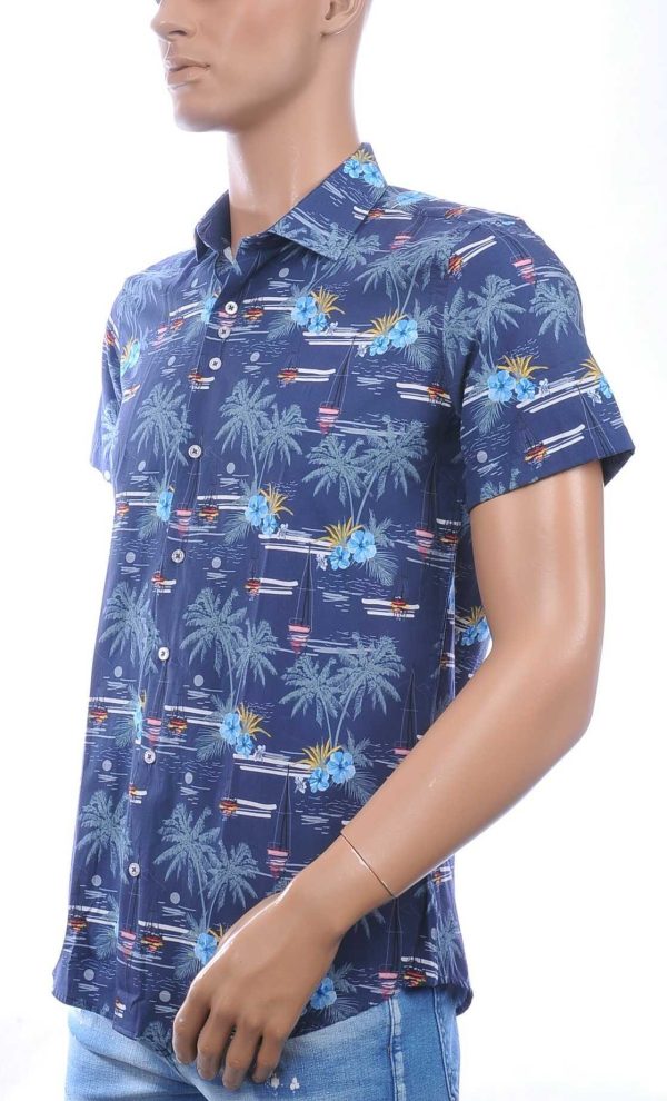 Ferlucci Slim Fit Hawaii Heren Overhemd met Korte Mouwen - Navy