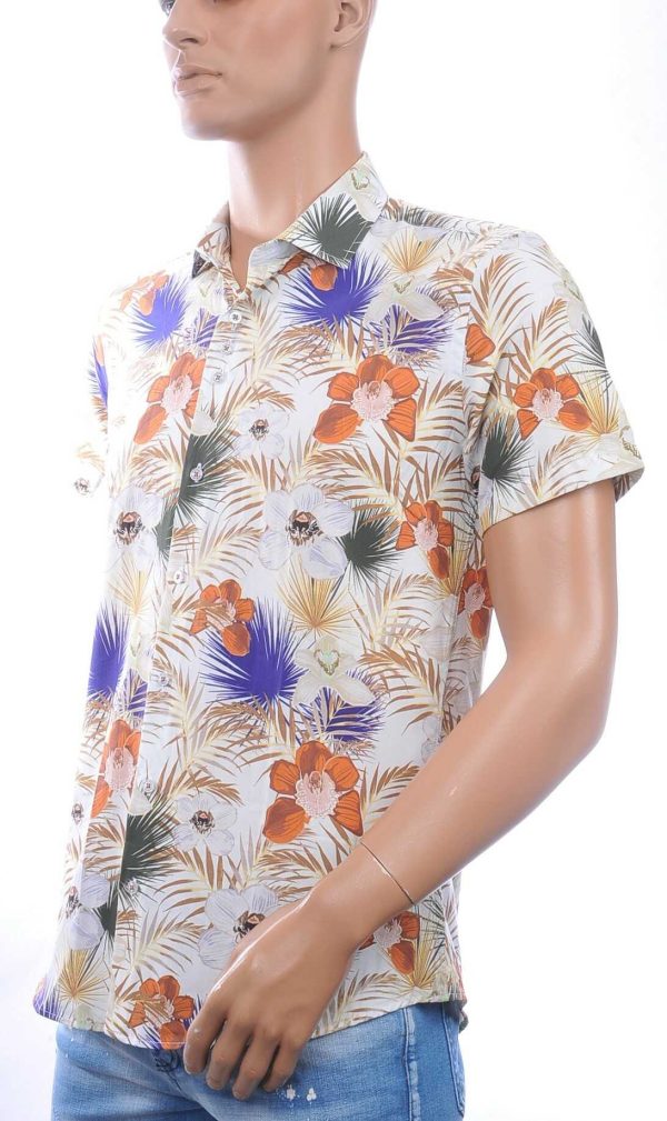 Ferlucci Slim Fit Hawaii Heren Overhemd met Korte Mouwen - Beige