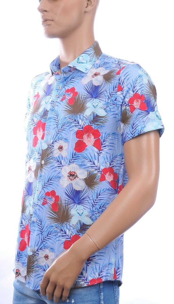 Ferlucci Slim Fit Hawaii Heren Overhemd met Korte Mouwen - Blauw
