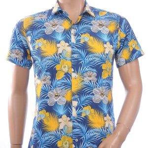 Ferlucci Slim Fit Hawaii Heren Overhemd met Korte Mouwen - Navy