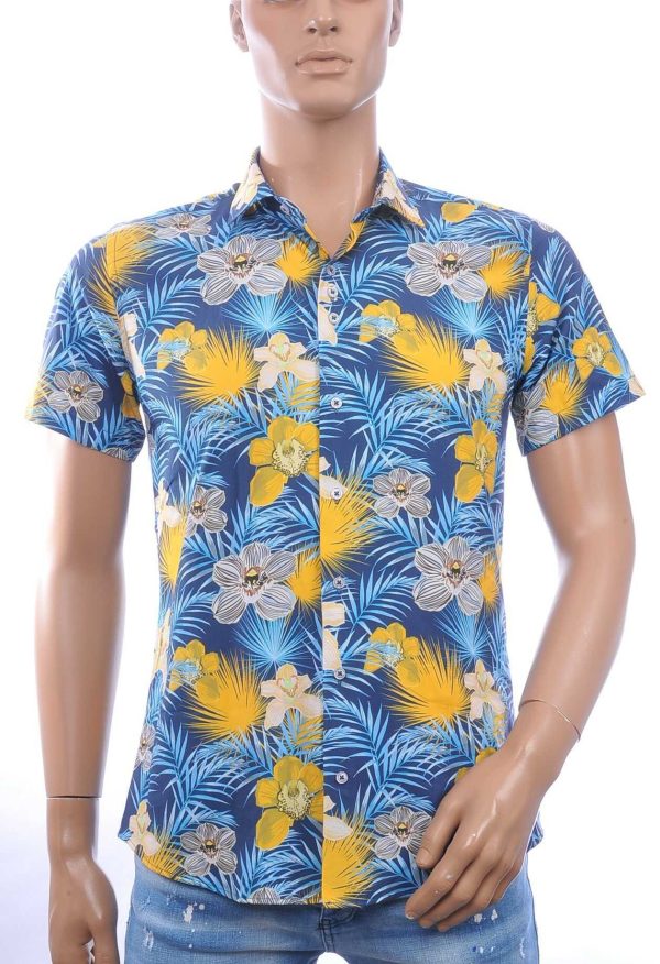 Ferlucci Slim Fit Hawaii Heren Overhemd met Korte Mouwen - Navy