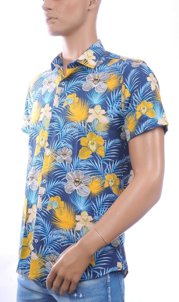 Ferlucci Slim Fit Hawaii Heren Overhemd met Korte Mouwen - Navy
