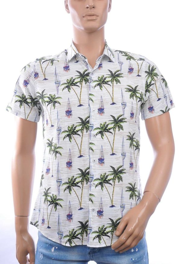Ferlucci Slim Fit Hawaii Heren Overhemd met Korte Mouwen – Wit