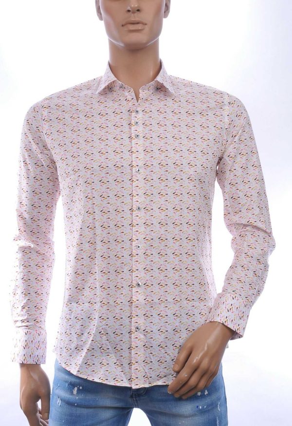 Ferlucci casual slim fit heren overhemd met allover multi-kleur visjes dessin – Beige