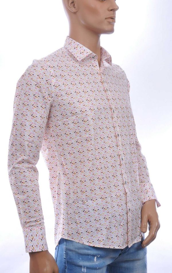 Ferlucci casual slim fit heren overhemd met allover multi-kleur visjes dessin – Beige