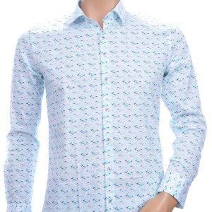 Ferlucci casual slim fit heren overhemd met allover multi-kleur visjes dessin – Groen