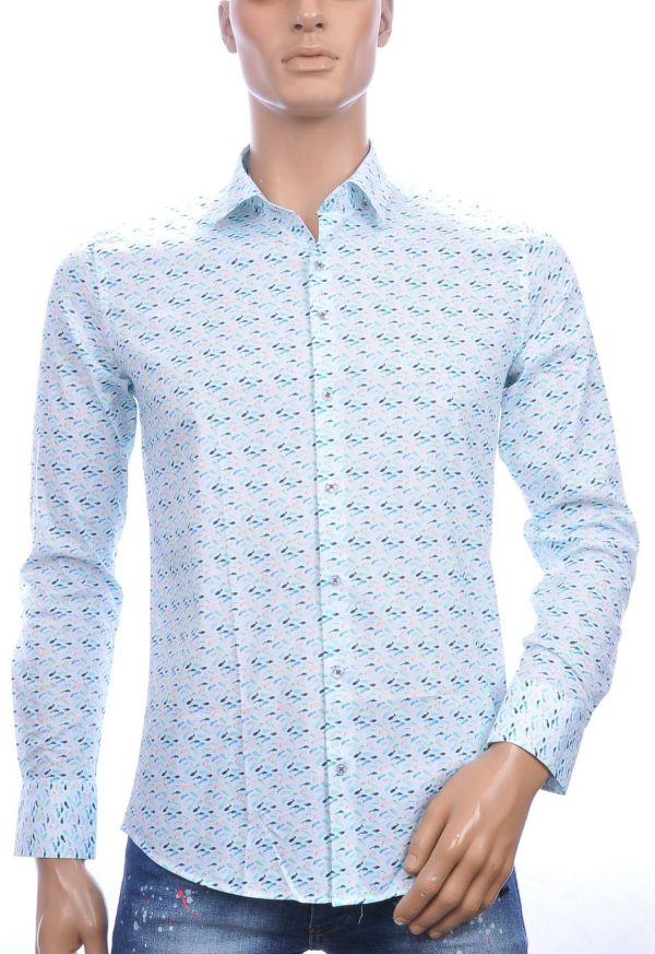 Ferlucci casual slim fit heren overhemd met allover multi-kleur visjes dessin – Groen