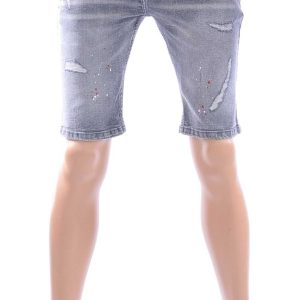 ICON Hippie Gescheurde Slim Fit Heren Korte Spijkerbroek met Verfvlekjes – Antraciet Grijs | Trendy & Comfortabel