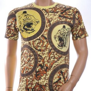 LES DESIGNERS Trendy Ronde Hals Heren T-Shirt met Tijgerkop en Steentjes - Geel