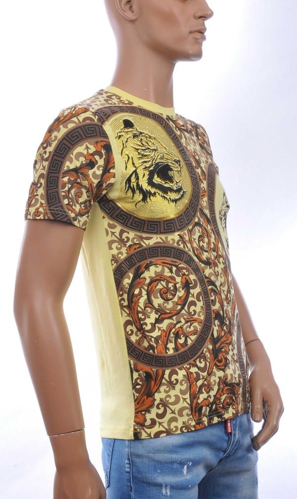 LES DESIGNERS Trendy Ronde Hals Heren T-Shirt met Tijgerkop en Steentjes - Geel
