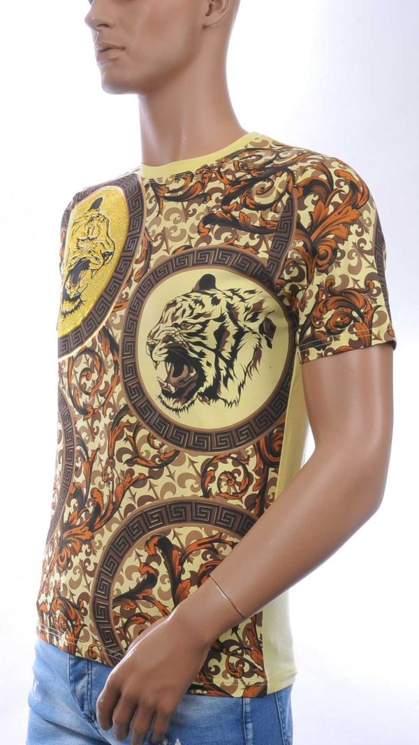 LES DESIGNERS Trendy Ronde Hals Heren T-Shirt met Tijgerkop en Steentjes - Geel