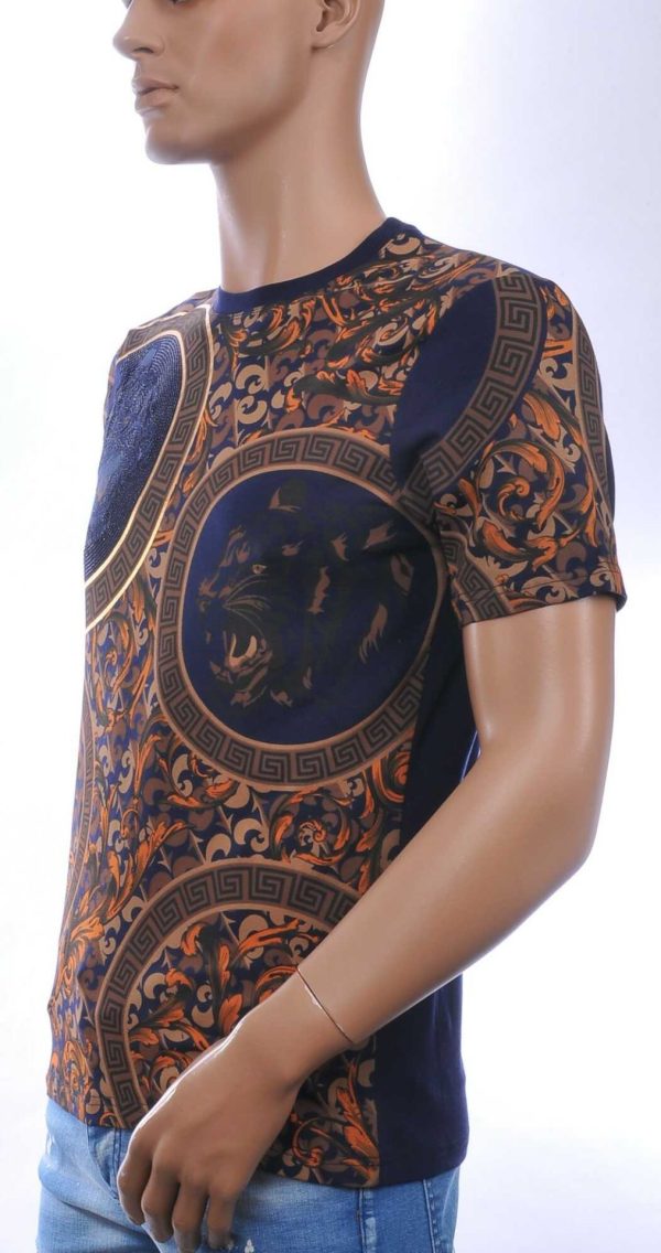 LES DESIGNERS Trendy Ronde Hals Heren T-Shirt met Tijgerkop en Steentjes - Navy