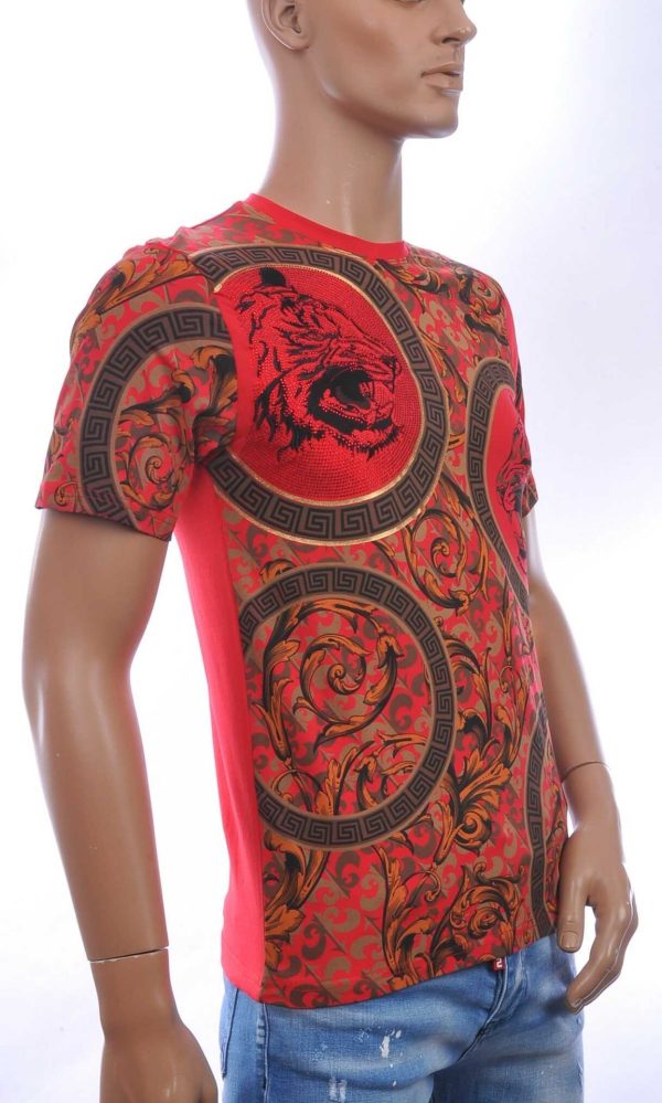 LES DESIGNERS Trendy Ronde Hals Heren T-Shirt met Tijgerkop en Steentjes - Rood