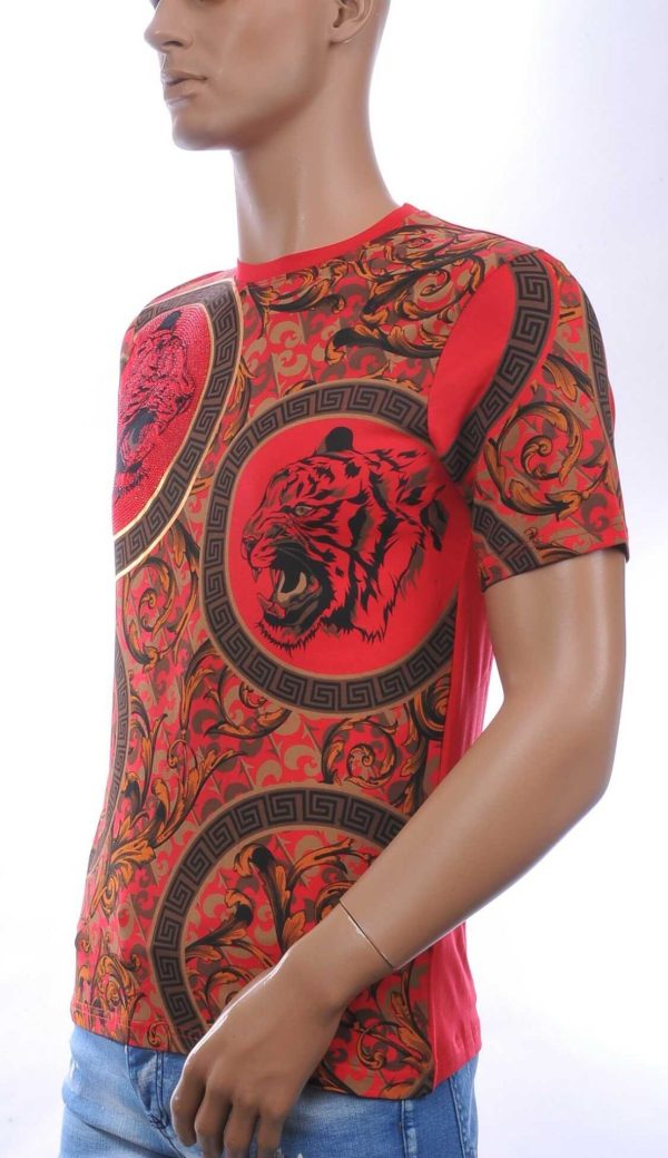 LES DESIGNERS Trendy Ronde Hals Heren T-Shirt met Tijgerkop en Steentjes - Rood