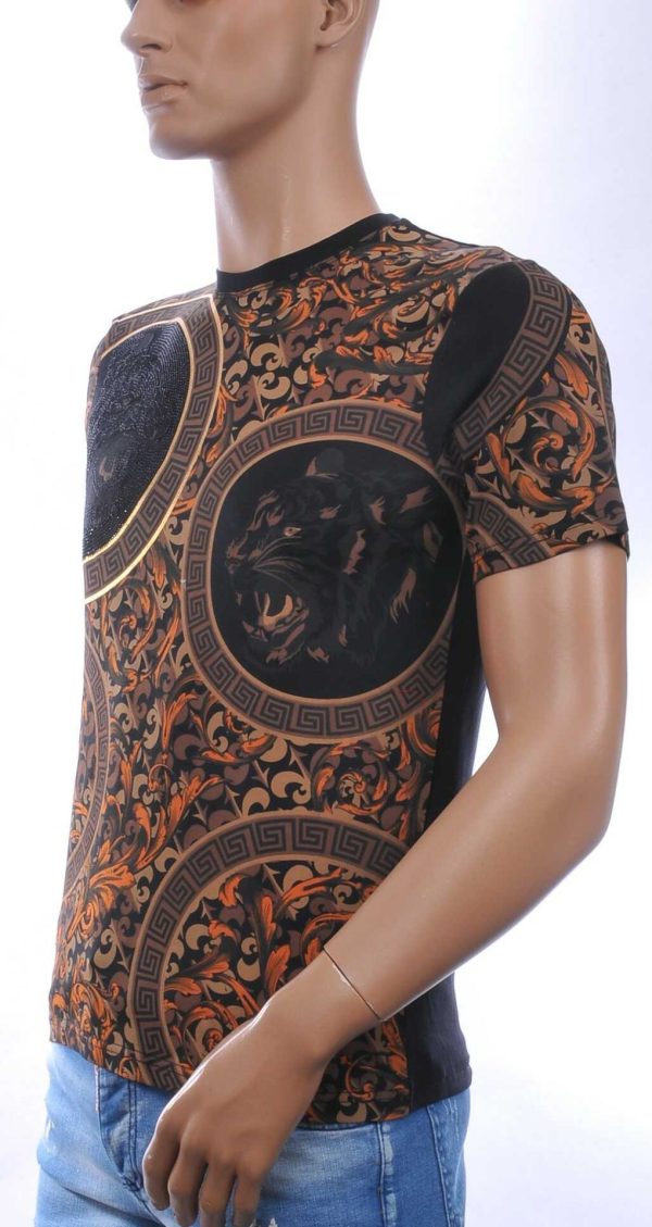 LES DESIGNERS Trendy Ronde Hals Heren T-Shirt met Tijgerkop en Steentjes - Zwart