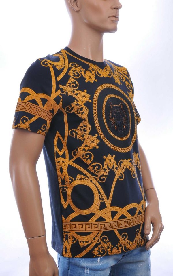 LES DESIGNERS Trendy Ronde hals Heren T-Shirt met Tijgerkop en Steentjes - Navy