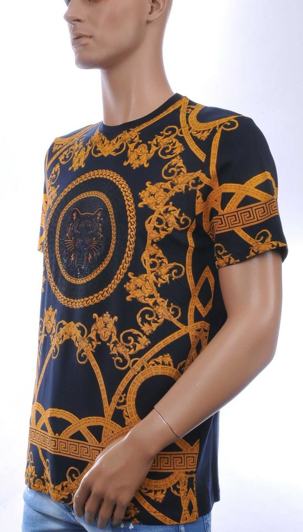 LES DESIGNERS Trendy Ronde hals Heren T-Shirt met Tijgerkop en Steentjes - Navy