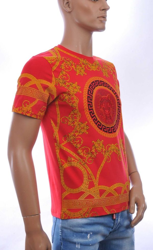 LES DESIGNERS Trendy Ronde hals Heren T-Shirt met Tijgerkop en Steentjes - Rood