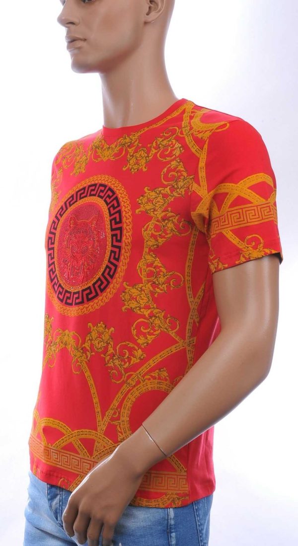 LES DESIGNERS Trendy Ronde hals Heren T-Shirt met Tijgerkop en Steentjes - Rood