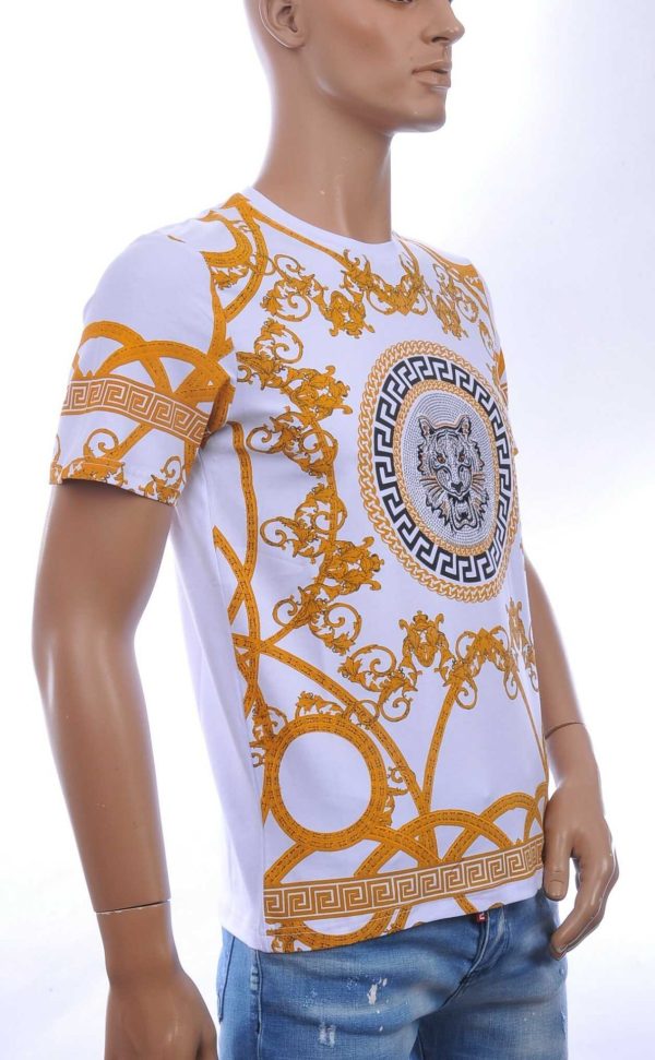 LES DESIGNERS Trendy Ronde hals Heren T-Shirt met Tijgerkop en Steentjes - Wit