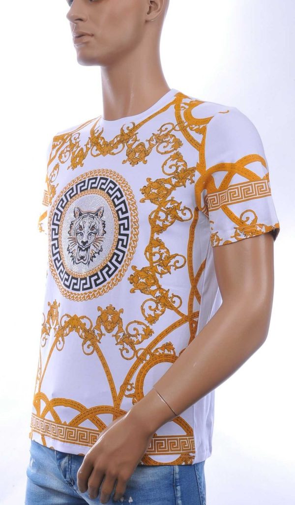 LES DESIGNERS Trendy Ronde hals Heren T-Shirt met Tijgerkop en Steentjes - Wit