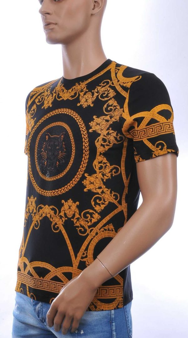 LES DESIGNERS Trendy Ronde hals Heren T-Shirt met Tijgerkop en Steentjes - Zwart