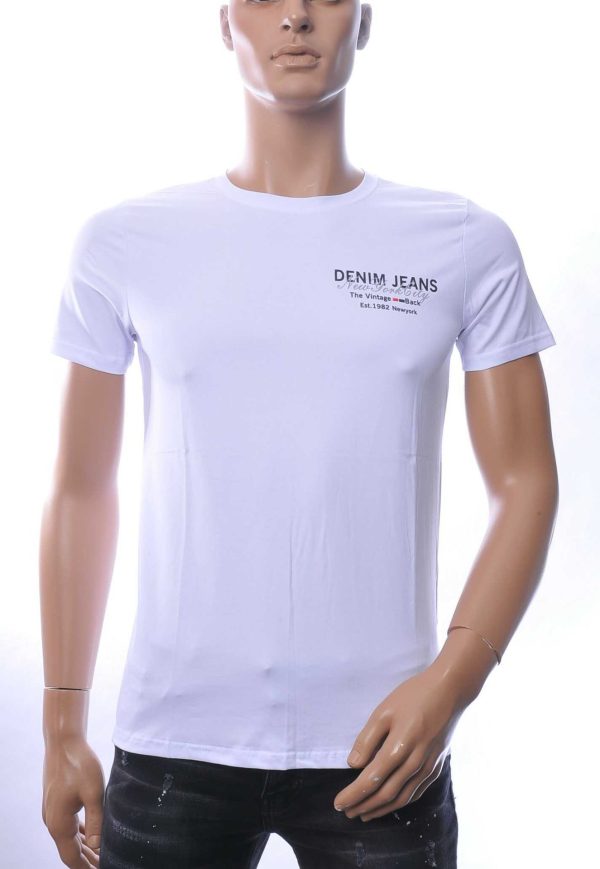 NEW DREAM Trendy Denim Jeans Print T-Shirt met Ronde Hals - Wit