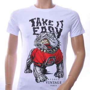 NEW DREAM Trendy Boze Bulldog Print Ronde Hals T-shirt met Steentjes – Wit 