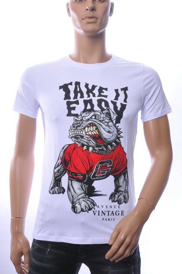 NEW DREAM Trendy Boze Bulldog Print Ronde Hals T-shirt met Steentjes – Wit 