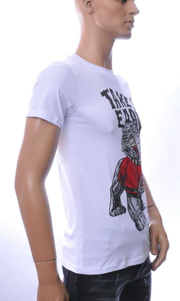 NEW DREAM Trendy Boze Bulldog Print Ronde Hals T-shirt met Steentjes – Wit 