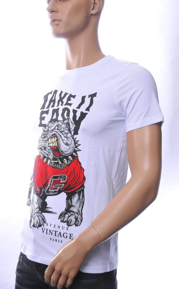 NEW DREAM Trendy Boze Bulldog Print Ronde Hals T-shirt met Steentjes – Wit 