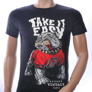 NEW DREAM Trendy Boze Bulldog Print Ronde Hals T-shirt met Steentjes – Zwart