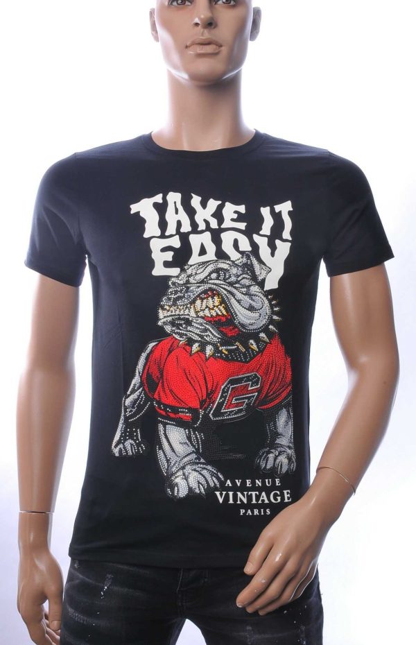 NEW DREAM Trendy Boze Bulldog Print Ronde Hals T-shirt met Steentjes – Zwart