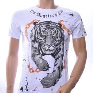 NEW DREAM Trendy Tijgerprint Ronde Hals T-Shirt met Steentjes – Wit