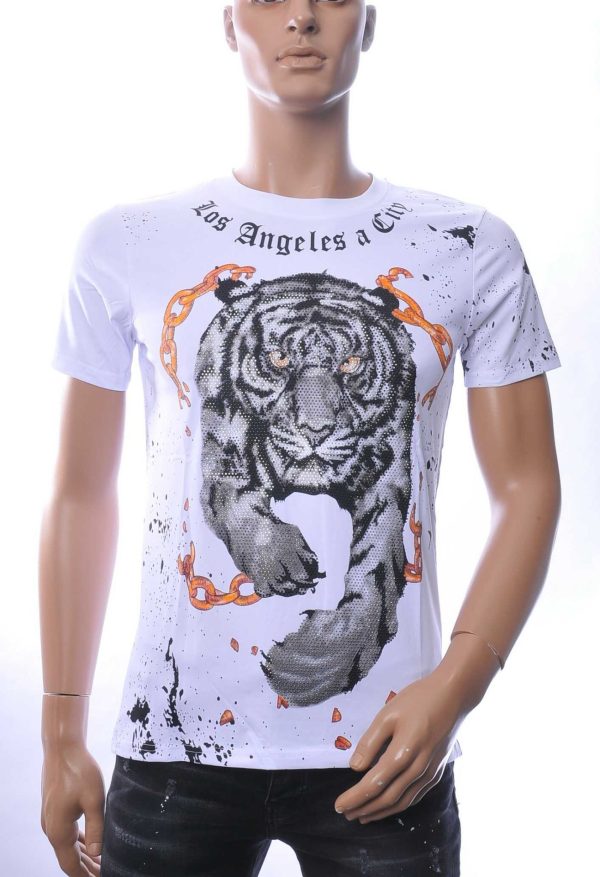 NEW DREAM Trendy Tijgerprint Ronde Hals T-Shirt met Steentjes – Wit