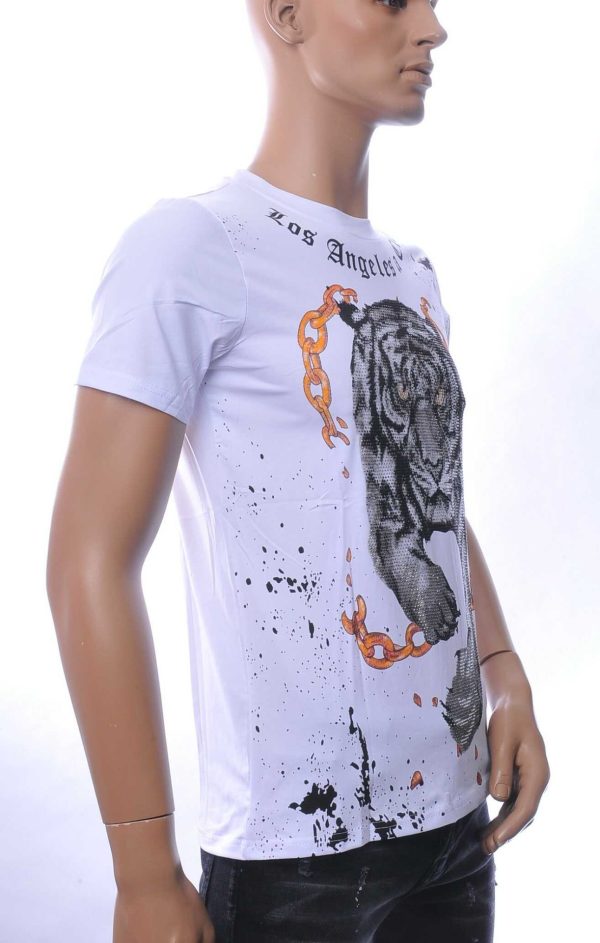 NEW DREAM Trendy Tijgerprint Ronde Hals T-Shirt met Steentjes – Wit