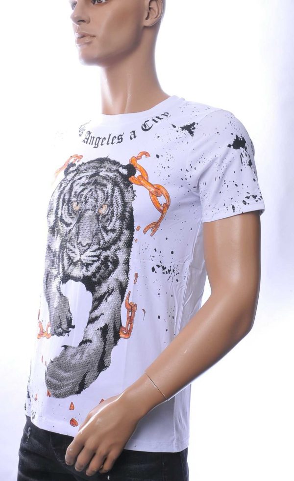 NEW DREAM Trendy Tijgerprint Ronde Hals T-Shirt met Steentjes – Wit