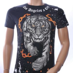 NEW DREAM Trendy Tijgerprint Ronde Hals T-Shirt met Steentjes – Zwart