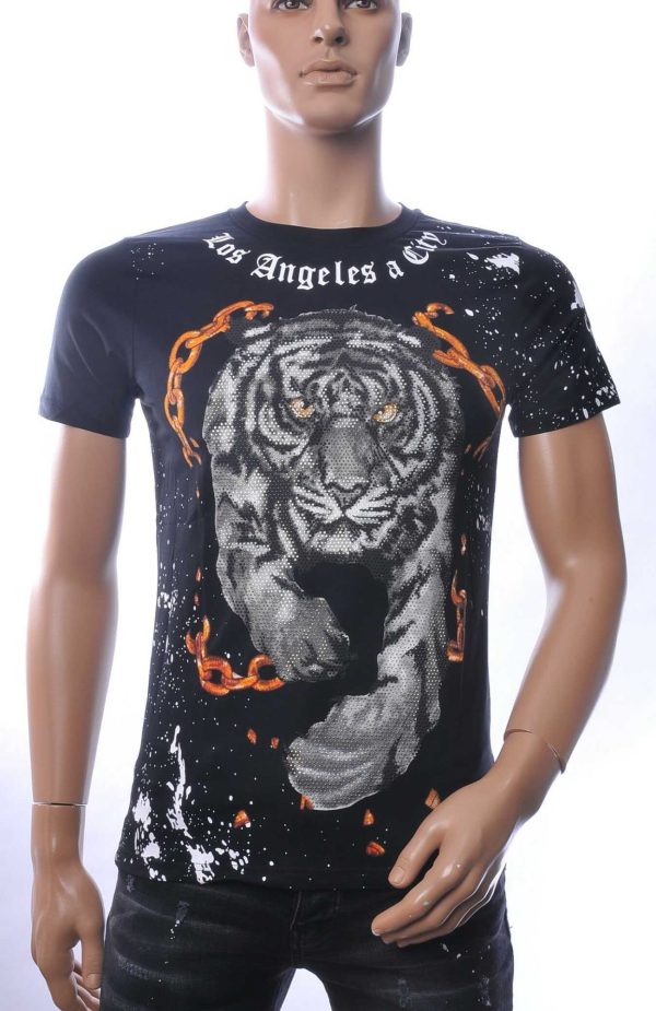 NEW DREAM Trendy Tijgerprint Ronde Hals T-Shirt met Steentjes – Zwart