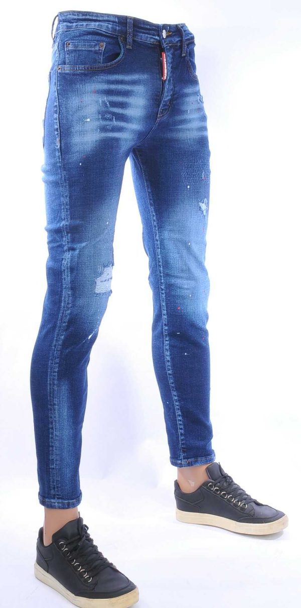 ICON2 Hippe Gescheurde Slim Fit Heren Jeans met Verfspatten – Trendy, Comfortabel en Stoer Donkerblauw | Urban Streetwear, Slim Fit Heren Jeans, Modieuze Jeans voor Mannen