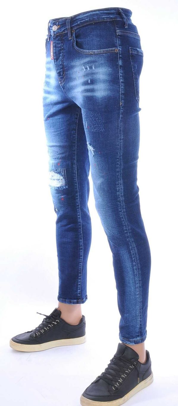 ICON2 Hippe Gescheurde Slim Fit Heren Jeans met Verfspatten – Trendy, Comfortabel en Stoer Donkerblauw | Urban Streetwear, Slim Fit Heren Jeans, Modieuze Jeans voor Mannen