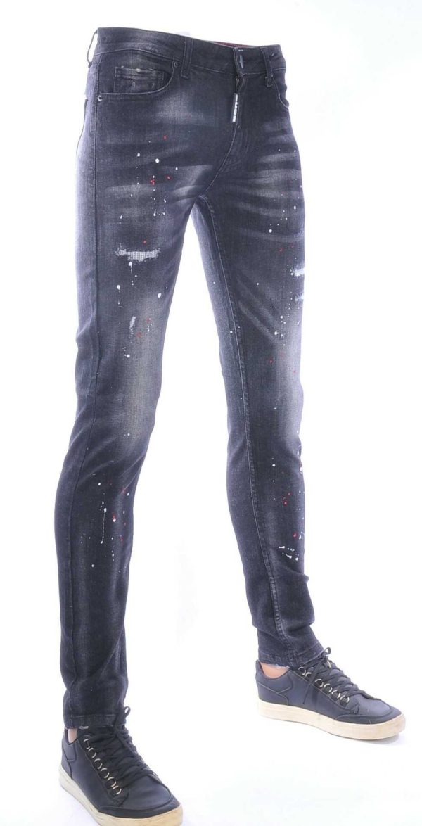 ICON Zwarte Slim Fit Stretch Heren Jeans met Verfspatten en Scheuren – Super Skinny, Stoer en Trendy