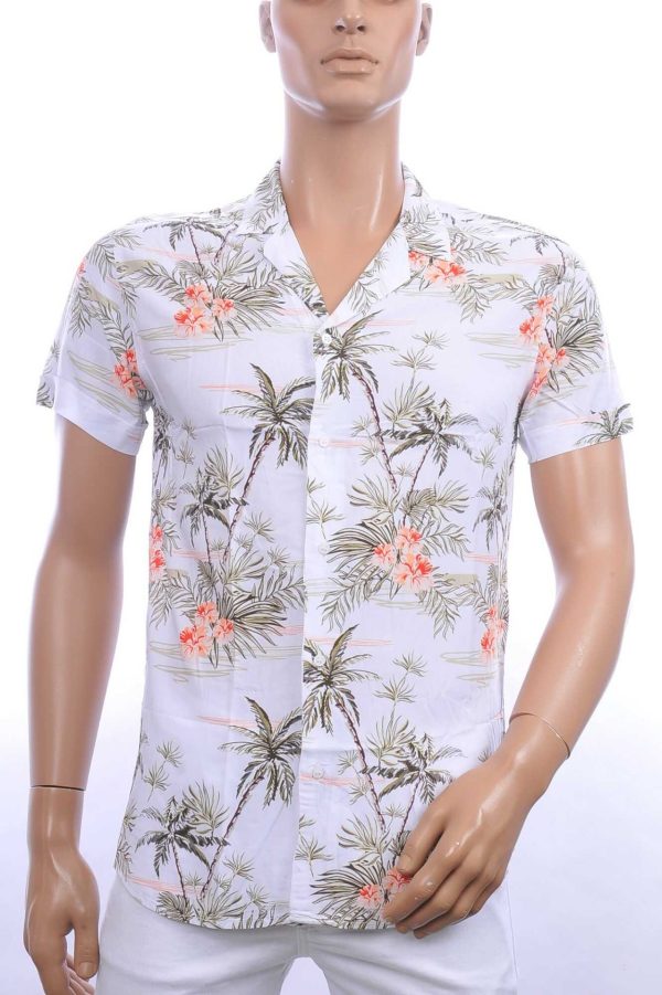 KZR Trendy Allover Bloemenprint Heren Korte Mouwen Festival Overhemd - Wit